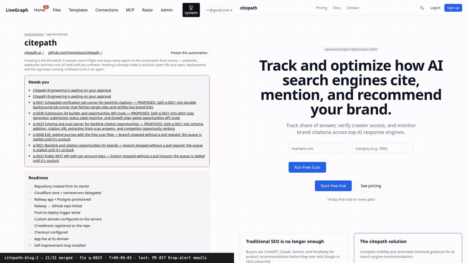 Split-screen timelapse: the LiveGraph improvement loop working CitePath's queue on the left — status strip ticking through merged PRs — while the live citepath.ai homepage renders on the right