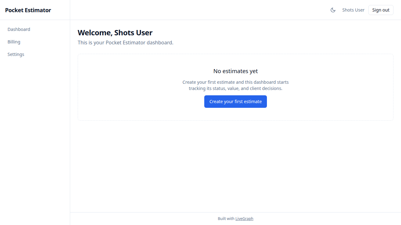Pocket Estimator's signed-in dashboard — estimate pipeline counts, recent estimates, and a new-estimate action